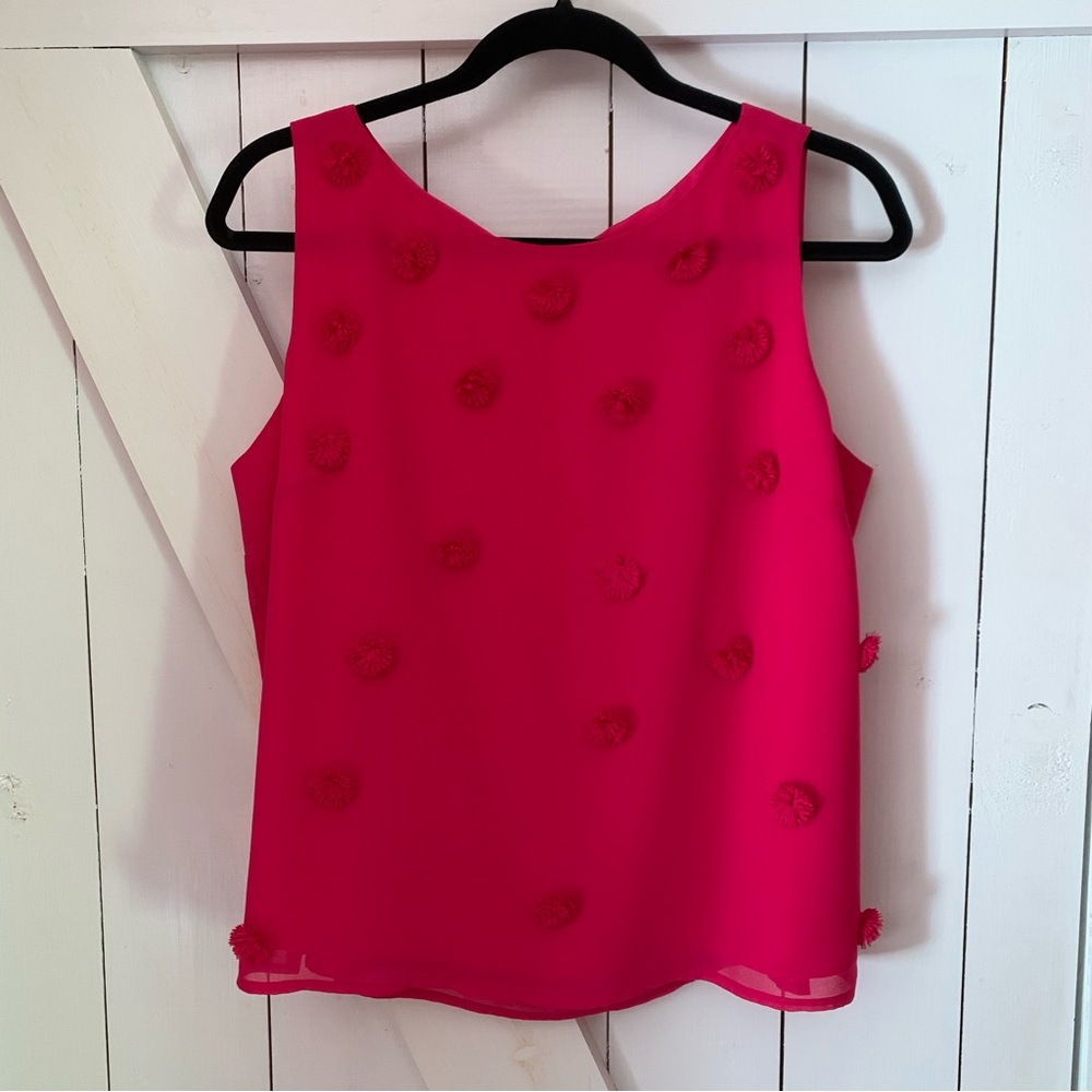 Talbots Sleeveless Top Blouse Magenta Bow Back Allover Pom Poms Preppy Summer